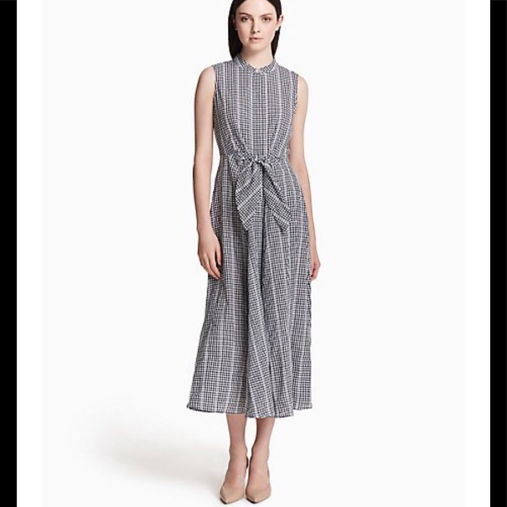 Gingham banded collar tie-front maxi dress